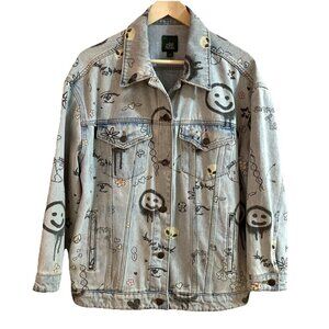 Wild Fable Graffiti Jean Jacket Women's L Denim Alien Smiley Face Flower Grunge